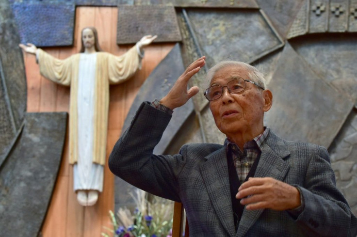 Atomic bomb survivor Kenji Hayashida speaks during an interview with AFP at a Catholic church in Nagasaki ahead of a visit by Pope Francis