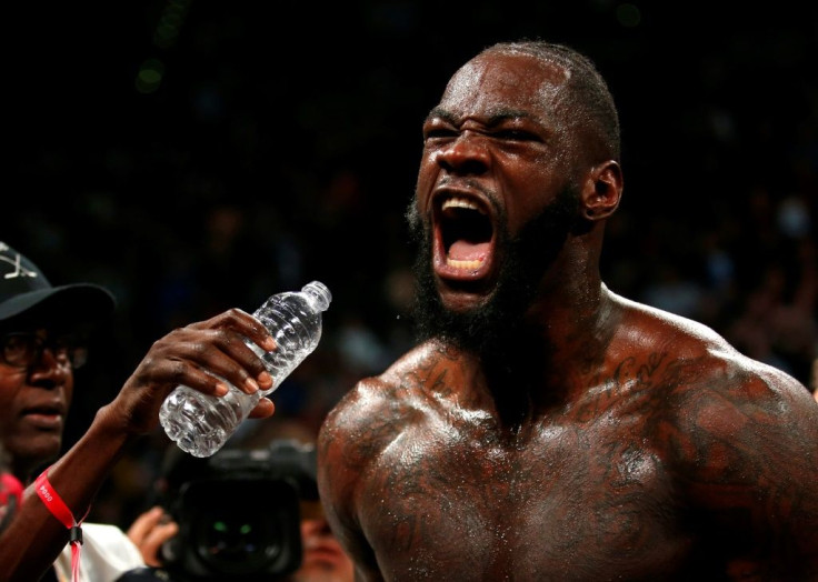 WBC heavyweight champion Deontay Wilder celebrates after knocking out Luis Ortiz in the seventh round of their title rematch at MGM Grand Garden Arena