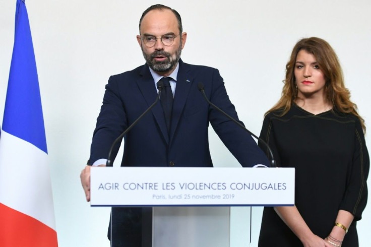 French Prime Minister Edouard Philippe delivers a speech on domestic violence, next to French Junior Minister for Gender Equality Marlene Schiappa on Monday, the International day for elimination of violence against women
