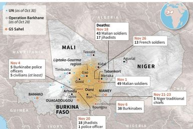 Map of Mali, Niger and Burkina Faso, locating deaths in fighting involving jihadists since November 1