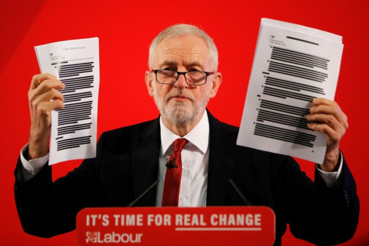 Labour leader Jeremy Corbyn holding what he claims are previously secret documents proving the UK PM wants to put the NHS on the table in a post-Brexit trade deal