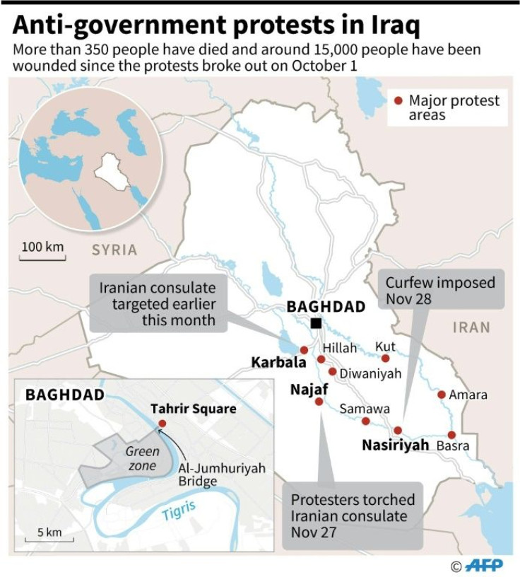 Map showing major cities experiencing anti-government protests in Iraq since October 1.