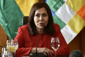 Bolivian Foreign Minister Karen Longaric speaks during a news conference in La Paz on November 28, 2019