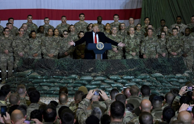 US President Donald Trump speaks to the troops during a surprise Thanksgiving visit at Bagram Air Field, on November 28, 2019 in Afghanistan