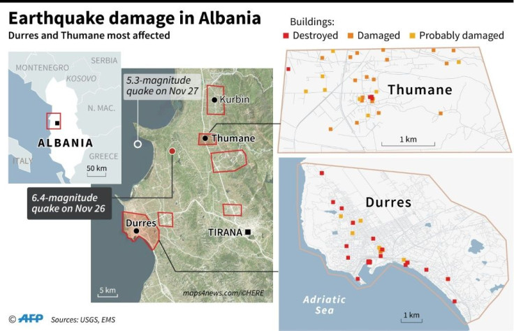 Map locating earthquake damage in the Albanian cities of Durres and Thumane.