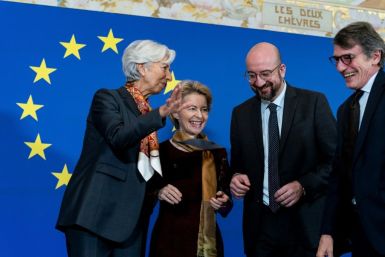(From L) President of the European Central Bank (ECB) Christine Lagard attends the launch of the EU's new leadership team: European Commission President-elect Ursula von der Leyen, European Council President Charles Michel, and European Parliament preside