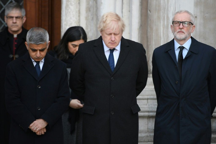 London Mayor Sadiq Khan, British Prime Minister Boris Johnson and Labour leader Jeremy Corbyn at a vigil to honour the victims