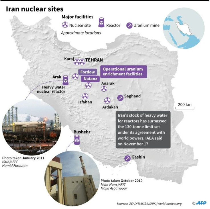 Map of Iran showing main nuclear facilities