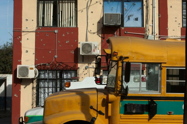 A school bus in Villa Union, in Mexico's Coahuila state, scene of a deadly weekend assault by cartel gunmen