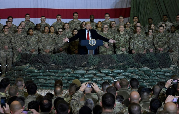 President Donald Trump speaks to US troops during a surprise Thanksgiving 2019 visit to Bagram air base in Afghanistan