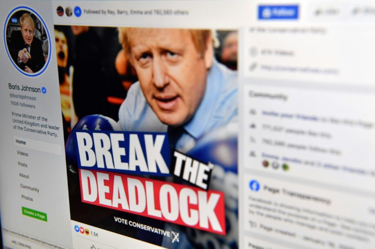 A photo illustration shows the Facebook page of Britain's Conservative Party leader and Prime Minister Boris Johnson.