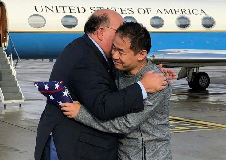 The US Ambassador to Switzerland Edward T. McMullen, Jr. welcomes Princeton graduate student Xiyue Wang on arrival in Switzerland, after his release from Iran on December 7, 2019