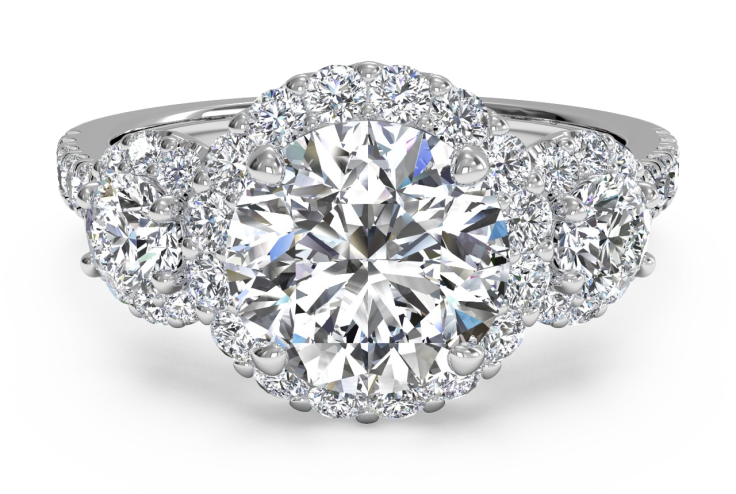 Three-Stone Halo Diamond Engagement Ring