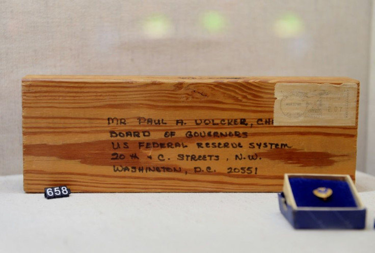 A piece of wood mailed to Volcker as part of a protest by building contractors and carpenters