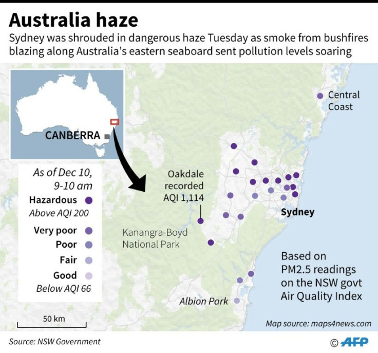 Map of New South Wales in Australia showing the Air Quality Index readings in areas near Sydney that recorded hazardous levels of air pollution on Tuesday.