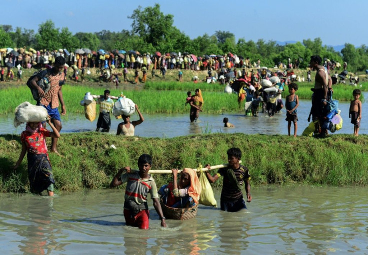 Rohingya fleeing the violence in Myanmar head into Bangladesh in this picture from October 17, 2017. Gambia has brought genocide charges at the ICJ over the military crackdown
