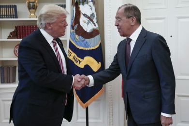 US President Donald Trump (left) and Russian Foreign Minister Sergei Lavrov, pictured at their last meeting in May 2017, where Trump was accused of sharing classified information