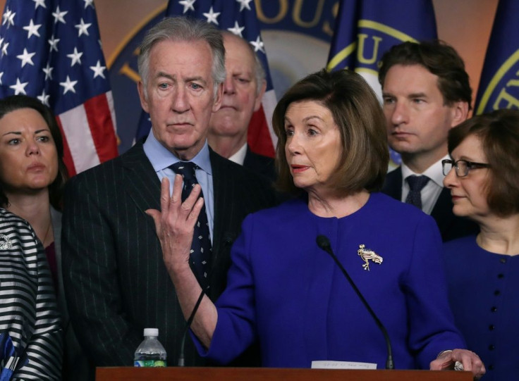 House Speaker Nancy Pelosi and Ways and Means Chairman Richard Neal (L) announce a deal on the USMCA trade agreement