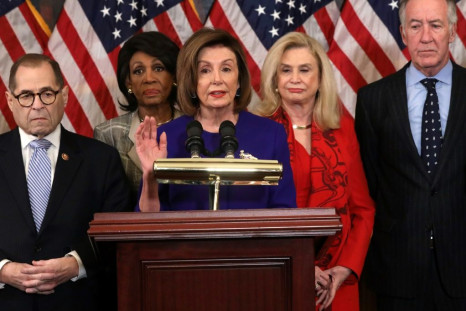 House speaker Nancy Pelosi at a press conference during which Democrats announced that two articles of impeachment are to be filed against President Donald Trump