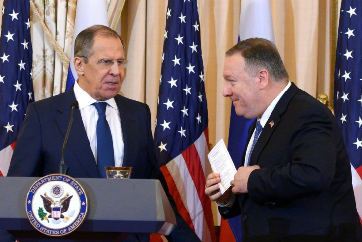 US Secretary of State Mike Pompeo steps near Russian Foreign Minister Sergei Lavrov during a press conference