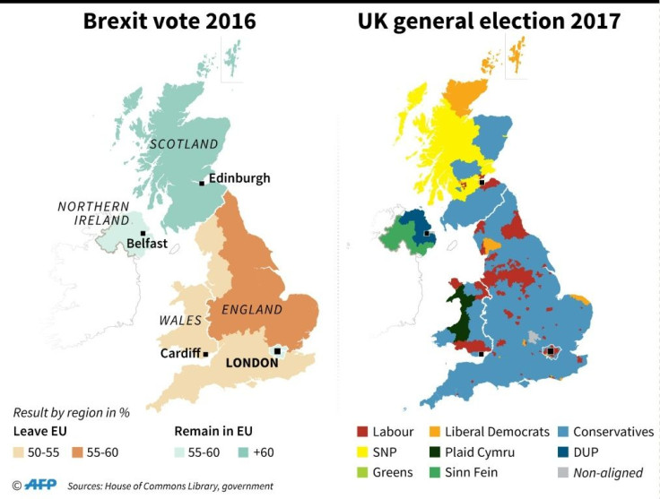 Results of the 2016 Brexit referendum (by region) and the 2017 UK general election