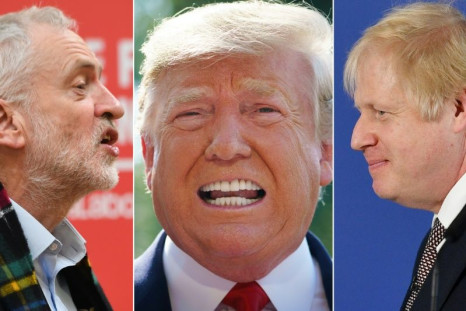 A combination of pictures created in London on November 29, 2019 shows Labour Party leader Jeremy Corbyn (L) and Prime Minister and Conservative Party leader Boris Johnson (R) campaigning for the general election and US President Donald Trump (C) speaking