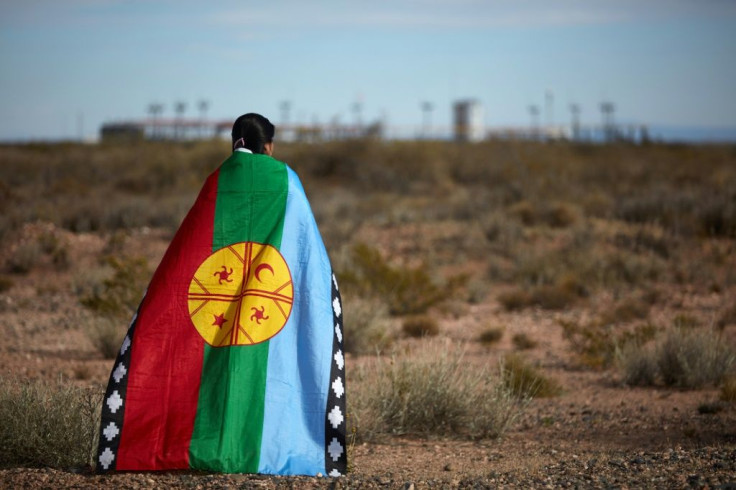Mapuche indigenous spokeswoman Lorena Bravo stands wrapped in a Mapuche flag near a gas plant at Campo Maripe, on land claimed by her community