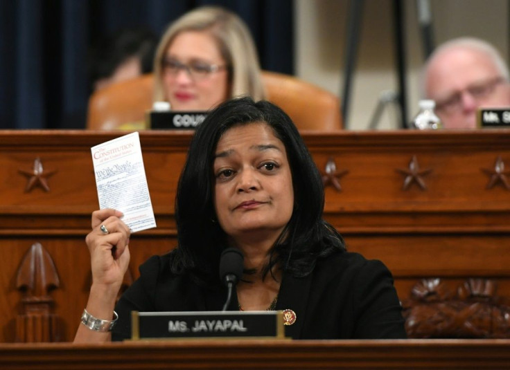 US House Democrat Pramila Jayapal votes during the House Judiciary Committee's vote on articles of impeachment against US President Donald Trump