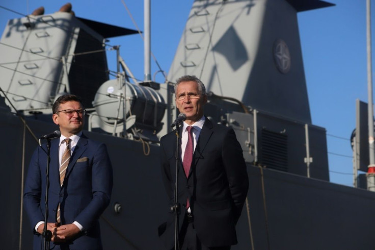 Ukraine's Deputy Prime Minister Dmytro Kuleba (left) joins NATO Secretary General Jens Stoltenberg at the Black Sea port of Odessa in October 2019