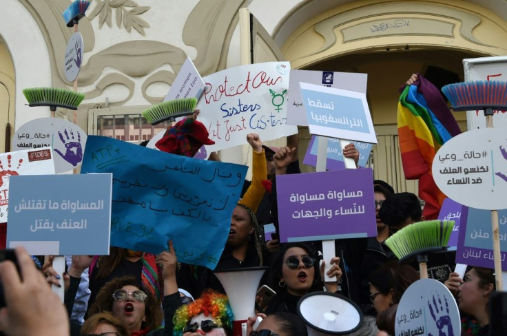 Tunisian women who are part of #EnaZeda, the local incarnation of the #MeToo movement, rally against sexual harrasment in Tunis in November 2019