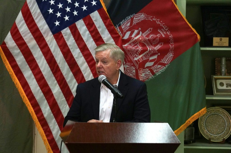 US Senator Lindsey Graham speaks during a press conference at the Resolute Support headquarters in Kabul