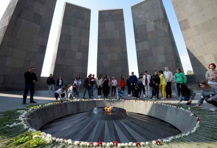 People visit the Tsitsernakaberd Armenian Genocide Memorial in Yerevan in October 2019