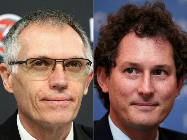 A file combination picture shows Carlos Tavares, chairman of the managing board of French carmaker PSA Peugeot Citroen and Fiat Chairman John Elkann -- they will head the new board and be group director general respectively