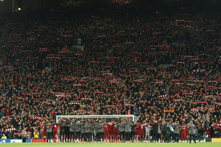After scoring four goals to beat Barcelona, all of the Liverpool squad and the Kop saluted each other