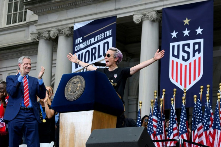 USA women's captain Megan Rapinoe  celebrated with New York Mayor Mayor Bill de Blasio after the ticker tape parade for the women's World Cup team
