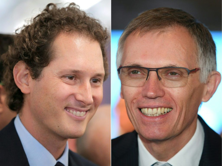 Fiat Chrysler chief John Elkann (L) will be chairman of the new group and PSA's Carlos Tavares (R) chief executive