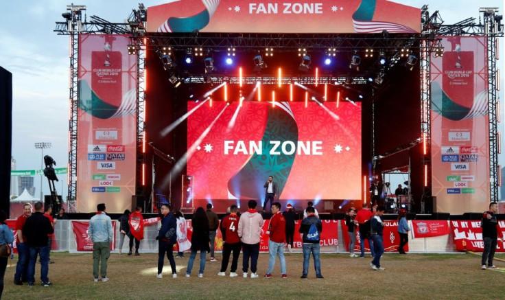Fans start to gather at the fan Club World Cup fan zone ahead of Liverpool's semi-final clash with Monterrey