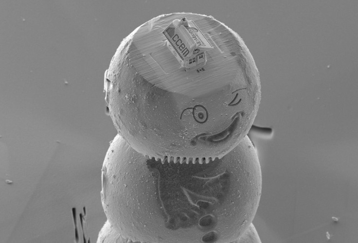 The gingerbread house, etched from silicon, sits atop a cap on the head of a winking snowman made from materials used in lithium-ion battery research
