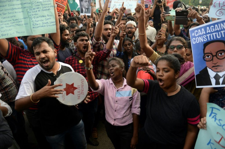 Students and demonstrators protest against India's new citizenship law in Chennai on December 19, 2019
