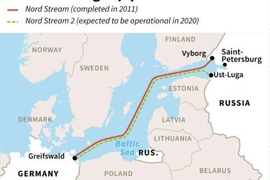 Map showing the Nord Stream gas pipelines between Russia and Germany.