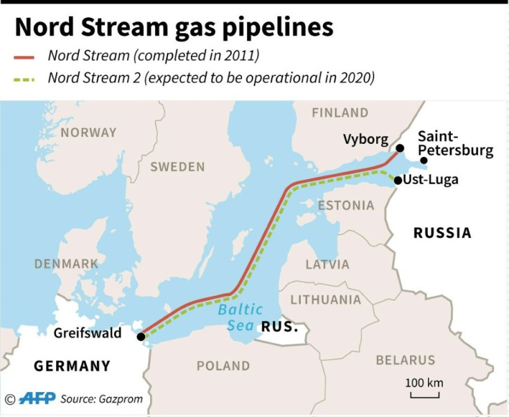 Map showing the Nord Stream gas pipelines between Russia and Germany.