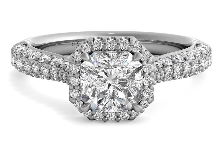 Three Row Pave Diamond Halo Engagement Ring