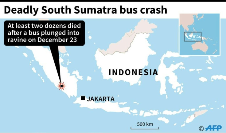 Map of Indonesia locating South Sumatra province where at least two dozen people died and 13 others were injured after a bus plunged into a ravine late Monday.