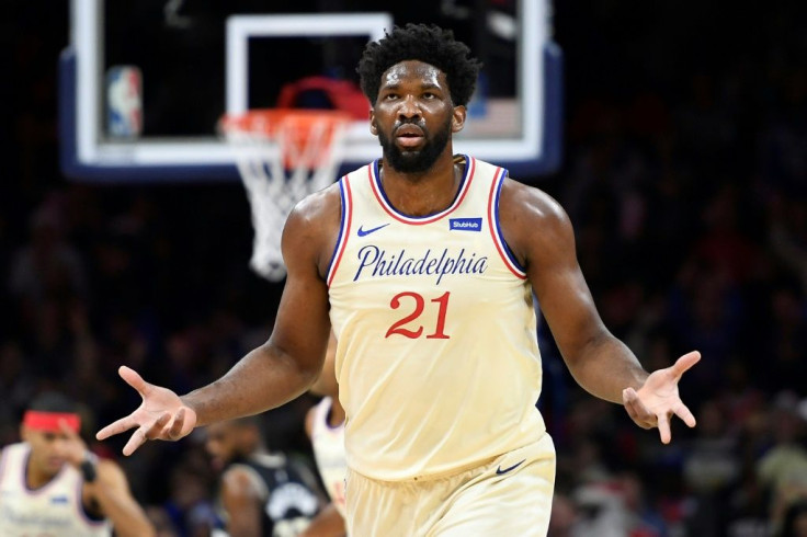 Philadelphia's Joel Embiid reacts after scoring in the 76ers' 121-109 NBA victory over the Milwaukee Bucks