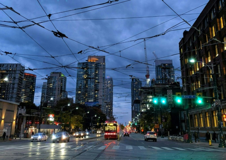 A streetcar is seen in traffic in Toronto, Canada's largest city