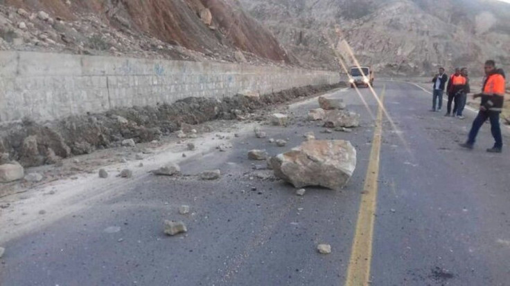 The Ahram-Farashband road in Iran is blocked by a landslide triggered by an earthquake that struck less than 50 kilometres from the country's only nuclear power plant