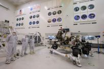 The Mars 2020 rover's driving equipment was given its first test inside a large, sterile room at the Jet Propulsion Laboratory in Pasadena, near Los Angeles