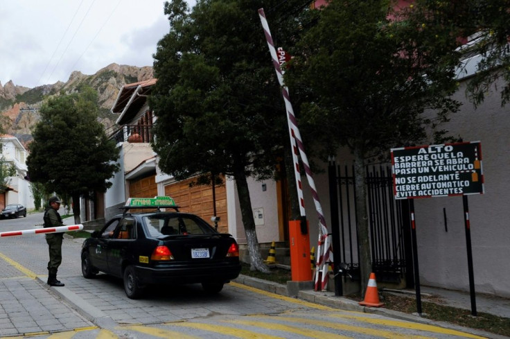A checkpoint at the main entrance of La Rinconada Development, where the residence of the Mexican embassy is located in La Paz