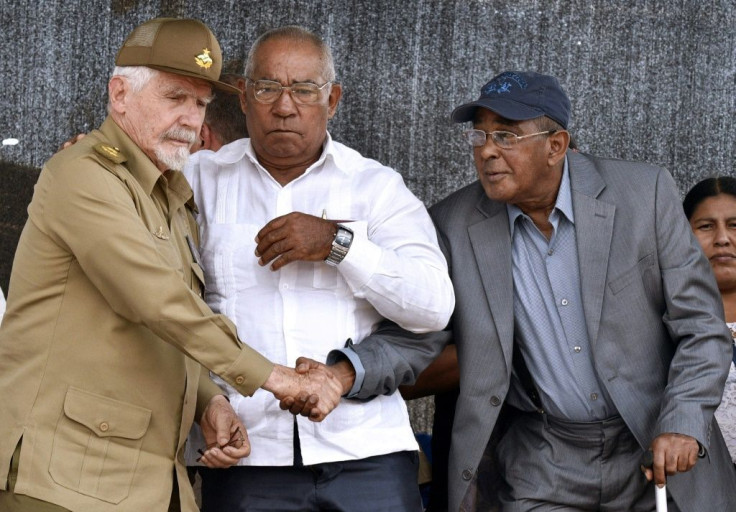 Harry "Pombo" Villegas (right) is pictured in October 2017 during a ceremony to commemorate the 50th anniversary of Che Guevara's death, in Vallegrande municipality, southern Bolivia