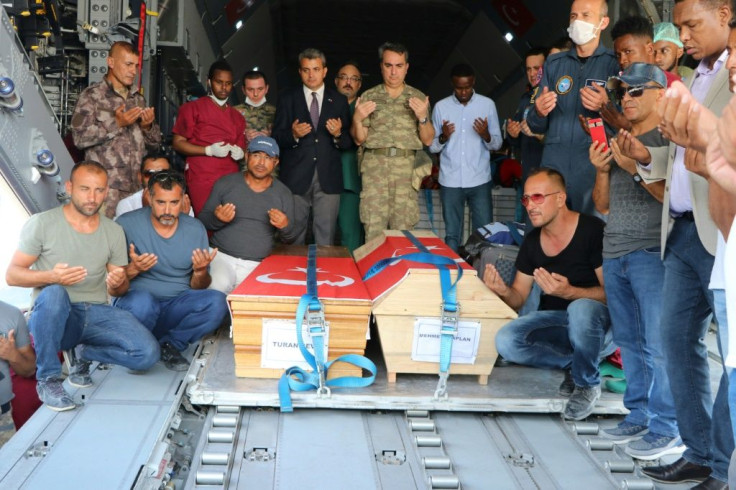 A Turkish military plane arrived on Sunday to evacuate Turkish nationals among the more than 200 casualties in the blast